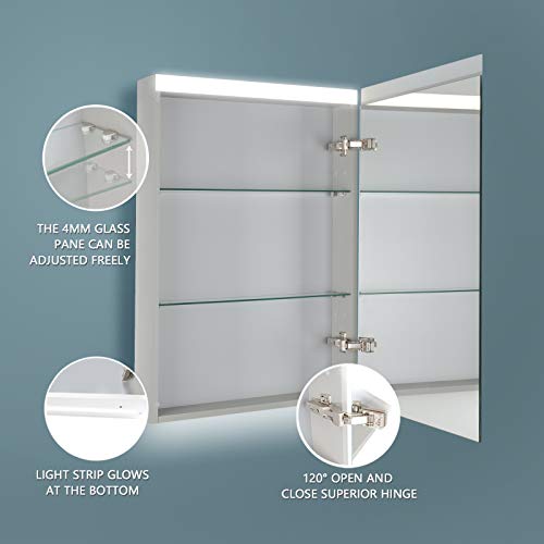 ES-DIY 20''x 30''LED Lighted Bathroom Medicine Cabinet with Mirror, Surface Lighted Medicine Cabinet,Dimmable,Adjustable Shelve,Intelligent Switch Medicine Cabinet, Aluminum Frame,Hinge On Right Side