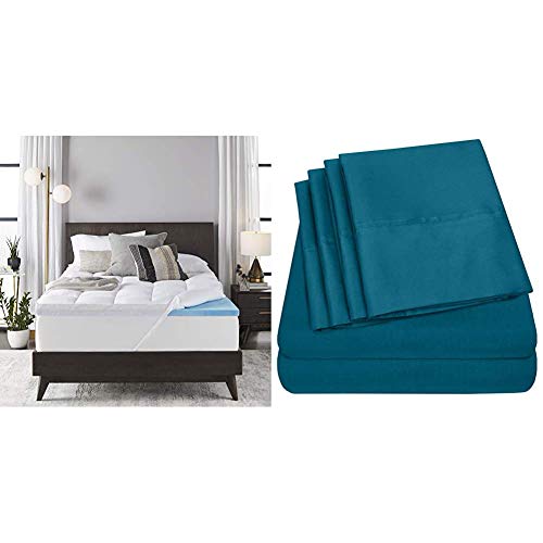 Sleep Innovations 4-inch Dual Layer Gel Memory Foam Mattress Topper Enhanced Support, Queen & Sweet Home Collection Queen Sheets-6 Piece 1500 Microfiber Deep Pocket Set-2 Extra Pillow Cases, Teal