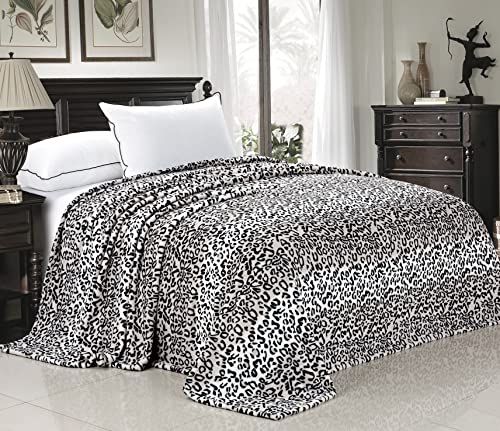 Home Soft Things Light Weight Animal Safari Style Black White Leopard Printed Flannel Fleece Blanket (Queen)