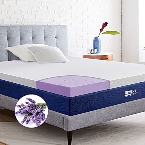 BedStory Memory Foam Mattress Topper Queen Size, 2 Inch Lavender Cooling Bed Pad with Removable Cover, Ventilated Design & Pressure Relieving, Tailorable for Sofas, RVs, Outdoors…