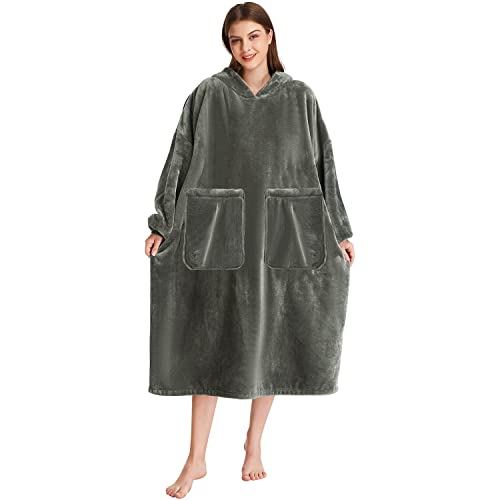 Kipswiza Oversize Wearable Blanket Flannel Super Soft Warm Long Hoodie Blankets Big Hooded Sweatshirt Hoodie Blanket for Adults Men Women Girls Teenagers Teens Greenish-Gray