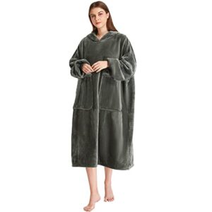 Kipswiza Oversize Wearable Blanket Flannel Super Soft Warm Long Hoodie Blankets Big Hooded Sweatshirt Hoodie Blanket for Adults Men Women Girls Teenagers Teens Greenish-Gray