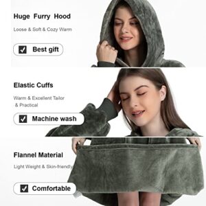 Kipswiza Oversize Wearable Blanket Flannel Super Soft Warm Long Hoodie Blankets Big Hooded Sweatshirt Hoodie Blanket for Adults Men Women Girls Teenagers Teens Greenish-Gray