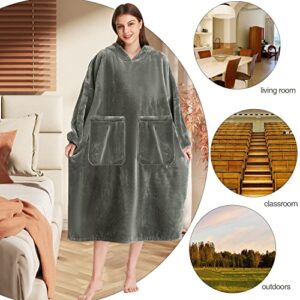 Kipswiza Oversize Wearable Blanket Flannel Super Soft Warm Long Hoodie Blankets Big Hooded Sweatshirt Hoodie Blanket for Adults Men Women Girls Teenagers Teens Greenish-Gray