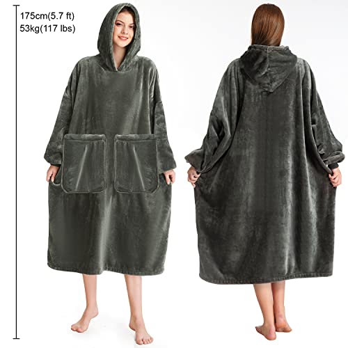 Kipswiza Oversize Wearable Blanket Flannel Super Soft Warm Long Hoodie Blankets Big Hooded Sweatshirt Hoodie Blanket for Adults Men Women Girls Teenagers Teens Greenish-Gray