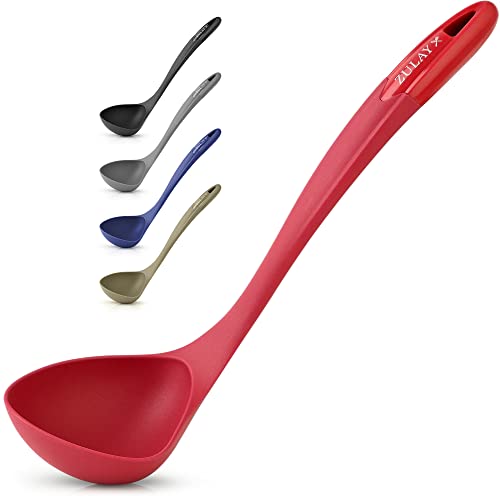 Zulay Soup Ladle Spoon with Comfortable Grip - Cooking and Serving Spoon for Soup, Chili, Gravy, Salad Dressing and Pancake Batter - Large Nylon Scoop & Soup Ladle Great for Canning and Pouring - Red