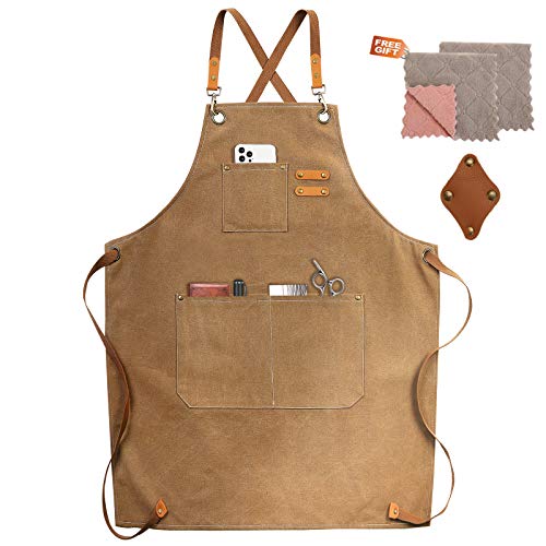 ZOMAO Chef Apron, Cotton Canvas Cross Back Apron with Pockets for Women and Men,Adjustable Strap and Large Pockets Apron,Kitchen Cooking Baking Bib Apron