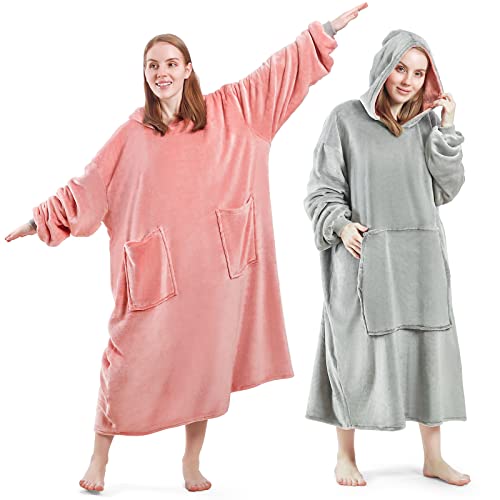 Homde Wearable Blanket, Oversized Blanket Hoodie, Gifts for Women and Men, Super Big Size Fits All, Cozy Sweatshirt Blanket with Sleeves and Pocket, Double-Sided Wearable, Two-Color (Pink & Grey)