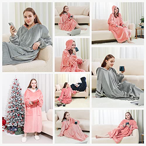 Homde Wearable Blanket, Oversized Blanket Hoodie, Gifts for Women and Men, Super Big Size Fits All, Cozy Sweatshirt Blanket with Sleeves and Pocket, Double-Sided Wearable, Two-Color (Pink & Grey)