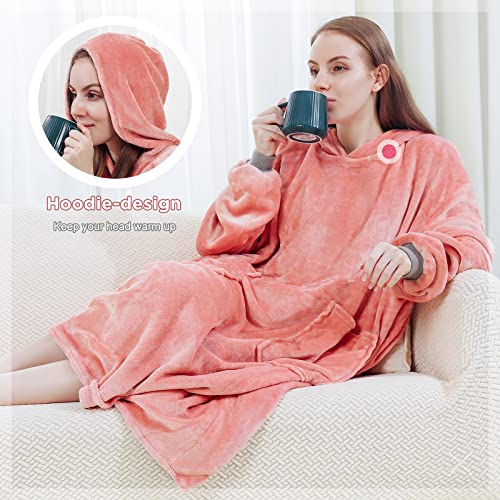 Homde Wearable Blanket, Oversized Blanket Hoodie, Gifts for Women and Men, Super Big Size Fits All, Cozy Sweatshirt Blanket with Sleeves and Pocket, Double-Sided Wearable, Two-Color (Pink & Grey)