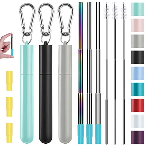 Metal Straws, Funbiz 3 Pack Reusable Collapsible Stainless Steel Straw with Plastic Case Silicone Tip and Long Cleaning Brush, Telescopic Portable Pocket Drinking Straws for Travel, Green/Black/Grey