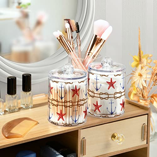 Vintage Starfishes Sea Anchors Qtip Holder Dispenser Watercolor Nautical Rope Bathroom Canister Storage Organization 4 Pack Clear Plastic Apothecary Jars with Lids Vanity Makeup Organizer For Cotton