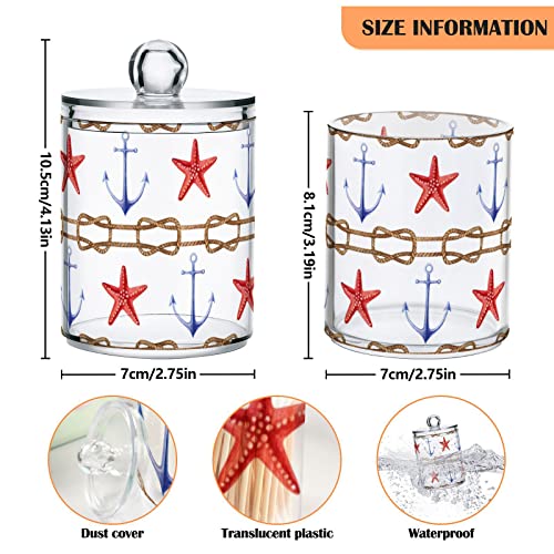 Vintage Starfishes Sea Anchors Qtip Holder Dispenser Watercolor Nautical Rope Bathroom Canister Storage Organization 4 Pack Clear Plastic Apothecary Jars with Lids Vanity Makeup Organizer For Cotton