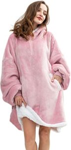 hblife oversized wearable blanket hoodie for adult, thick sherpa sweatshirt with elastic sleeves and giant pockets super warm and cozy fuzzy plush fleece blanket jacket, pink