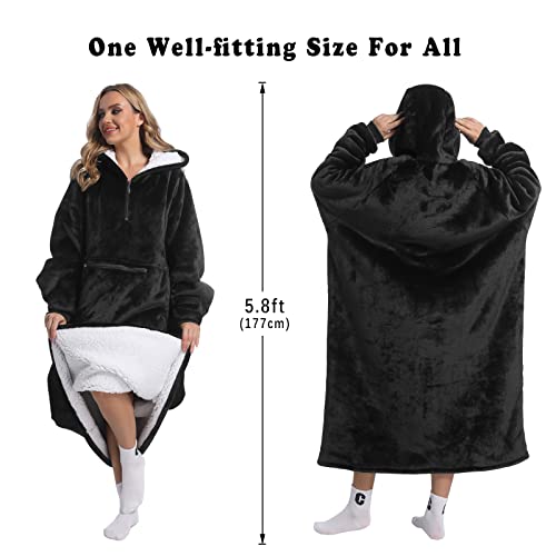 Oversized Wearable Blanket Hoodie for Women Men, Warm and Comfortable Sweatshirt Blanket, Super Cozy Flannel Blanket with Sleeves and Giant Pockets, One Size Fits All(Black)