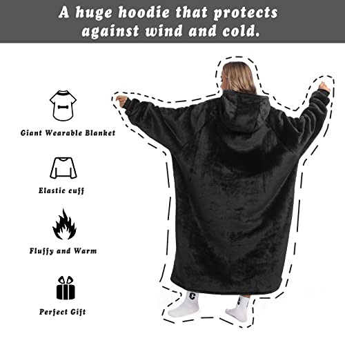 Oversized Wearable Blanket Hoodie for Women Men, Warm and Comfortable Sweatshirt Blanket, Super Cozy Flannel Blanket with Sleeves and Giant Pockets, One Size Fits All(Black)