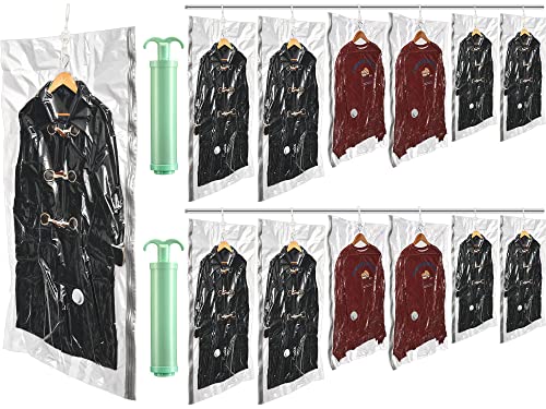 12 Pieces Hanging Vacuum Storage Bags with 2 Hand Pumps Vacuum Seal Garment Storage Bags Reusable Compression Bags for Clothes Storage and Closet Organizer, 3 Sizes S M L