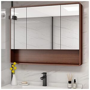 solid wooden bathroom medicine cabinet wall mounted mirror cabinet multipurpose storage organizer with 3 mirrored doors & storage (color : brown, size : 90x80x14cm)
