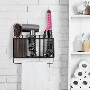 MyGift Wall Mounted Hair Styling Tools Holster Rack - Industrial Matte Black Metal Wire Hair Dryer Holder, 3 Compartments and Hand Towel Bar