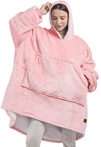 Degrees of Comfort Wearable Blanket Hoodie for Women Men Adults, Cozy Oversized and Warm Sherpa Lined Sweatshirt Blankets, Pink, 38x32 Inch