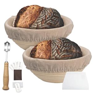 2 pack 9 inch round bread proofing basket for sourdough bread - bread basket baking bowl with bread lame & 5 blades,dough scraper and linen liner cloth banneton proofing basket for home bakers