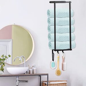 Bathroom Towel Racks Wall Mounted, Rolled Bath Towels Holder Storage with 3 Hooks, Adjustable & Space Saving Towel Hanger Black Metal Bath Towel Organizer Shelf for Folded Large Washcloths