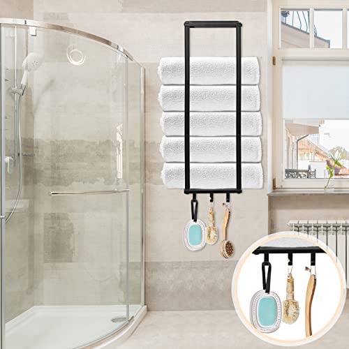 Bathroom Towel Racks Wall Mounted, Rolled Bath Towels Holder Storage with 3 Hooks, Adjustable & Space Saving Towel Hanger Black Metal Bath Towel Organizer Shelf for Folded Large Washcloths