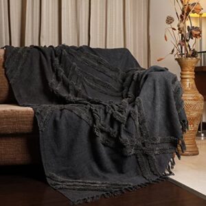 homemonde rustic farmhouse throw blankets charcoal gray for couch hand woven tufted soft & cozy blanket - 70x50 inches