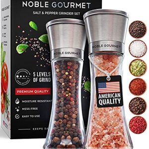 Salt & Pepper Grinder Set of 2 - Refillable Mills & Shakers - For Pink Himalayan & Sea Salt, Black Peppercorn, Spices - Stainless Steel, Large Glass - Adjustable Ceramic Coarse - Premium Gift Box Pack