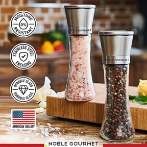 Salt & Pepper Grinder Set of 2 - Refillable Mills & Shakers - For Pink Himalayan & Sea Salt, Black Peppercorn, Spices - Stainless Steel, Large Glass - Adjustable Ceramic Coarse - Premium Gift Box Pack