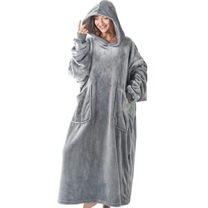 bedelite fleece wearable blanket hoodie with sleeves and pocket, long oversized blanket for women men&teen,plush size-grey 53"x32"