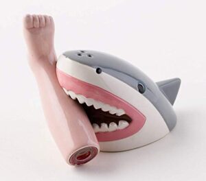 one hundred 80 degrees aurrra ceramic shark and foot salt and pepper shaker set, 3.75 inches, grey/pink/white