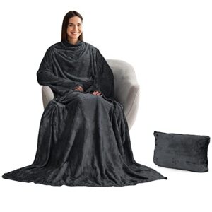 tirrinia wearable blanket with sleeves and pocket, super soft plush fleece sleeved blanket for adults in black,great