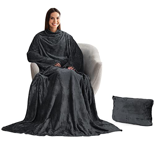 Tirrinia Wearable Blanket with Sleeves and Pocket, Super Soft Plush Fleece Sleeved Blanket for Adults in Black,Great