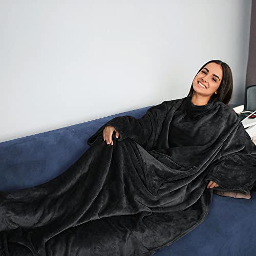 Tirrinia Wearable Blanket with Sleeves and Pocket, Super Soft Plush Fleece Sleeved Blanket for Adults in Black,Great