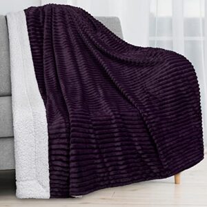 pavilia sherpa fleece blanket throw | stripe, super soft, plush, luxury flannel throw | thick fluffy ribbed microfiber blanket for sofa couch bed (purple, 50x60 inches)