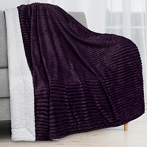 PAVILIA Sherpa Fleece Blanket Throw | Stripe, Super Soft, Plush, Luxury Flannel Throw | Thick Fluffy Ribbed Microfiber Blanket for Sofa Couch Bed (Purple, 50x60 inches)