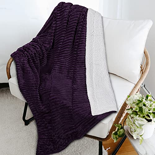 PAVILIA Sherpa Fleece Blanket Throw | Stripe, Super Soft, Plush, Luxury Flannel Throw | Thick Fluffy Ribbed Microfiber Blanket for Sofa Couch Bed (Purple, 50x60 inches)