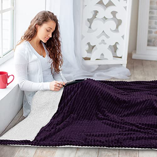 PAVILIA Sherpa Fleece Blanket Throw | Stripe, Super Soft, Plush, Luxury Flannel Throw | Thick Fluffy Ribbed Microfiber Blanket for Sofa Couch Bed (Purple, 50x60 inches)