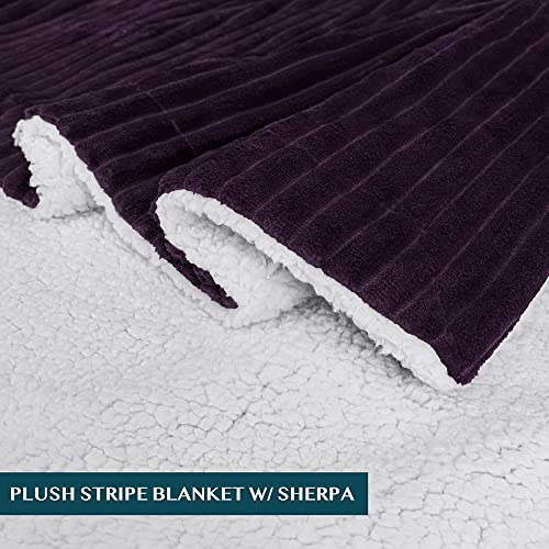 PAVILIA Sherpa Fleece Blanket Throw | Stripe, Super Soft, Plush, Luxury Flannel Throw | Thick Fluffy Ribbed Microfiber Blanket for Sofa Couch Bed (Purple, 50x60 inches)