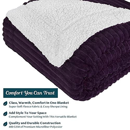 PAVILIA Sherpa Fleece Blanket Throw | Stripe, Super Soft, Plush, Luxury Flannel Throw | Thick Fluffy Ribbed Microfiber Blanket for Sofa Couch Bed (Purple, 50x60 inches)