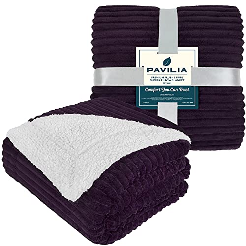 PAVILIA Sherpa Fleece Blanket Throw | Stripe, Super Soft, Plush, Luxury Flannel Throw | Thick Fluffy Ribbed Microfiber Blanket for Sofa Couch Bed (Purple, 50x60 inches)