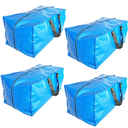 Heavy Duty Oversized Storage Bag, 4 Pcs Blue Totes Moving Storage Bags with Zippers, for Travelling Camping Dorm College Moving Supplies Boxes, Clothes Storage Bins Compatible with Ikea Frakta Cart