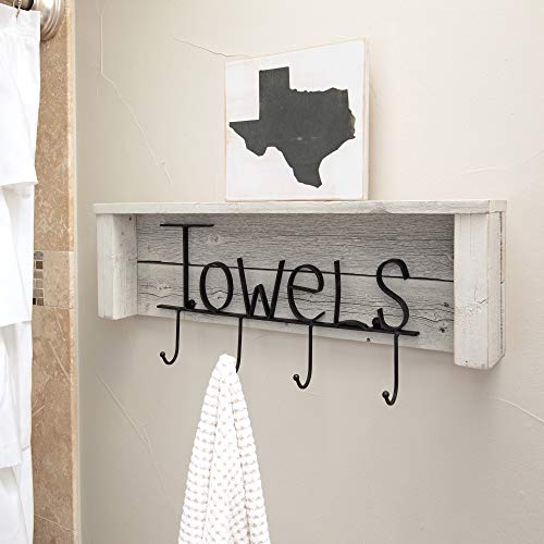 Wood Bathroom Towel Rack Hooks 24 Inch | Wall Mount | Handmade Rustic Reclaimed Wood - Whitewash