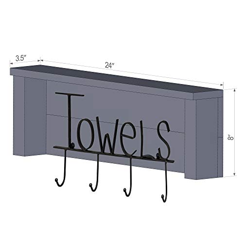 Wood Bathroom Towel Rack Hooks 24 Inch | Wall Mount | Handmade Rustic Reclaimed Wood - Whitewash