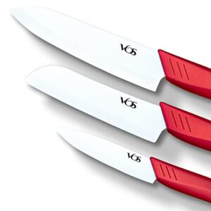 vos ceramic knife set, ceramic knives set for kitchen, ceramic kitchen knives with covers, ceramic paring knife 4", 5", 6" inch red