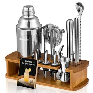 kitessensu cocktail shaker set bartender kit with stand | bar set drink mixer set with all essential bar accessory tools: martini shaker, jigger, strainer, mixer spoon, muddler, liquor pourers |silver