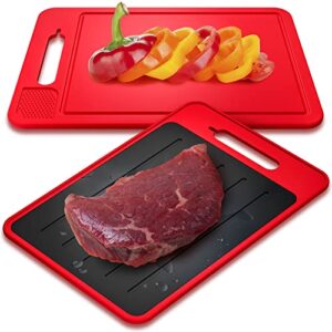 4-in-1 defrosting tray for frozen meat with cutting board, knife sharpener & garlic grater - self thawing tray & non-slip red chopping boards by elikai