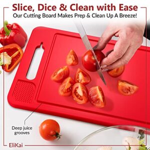 4-in-1 Defrosting Tray for Frozen Meat with Cutting Board, Knife Sharpener & Garlic Grater - Self Thawing Tray & Non-Slip Red Chopping Boards by EliKai