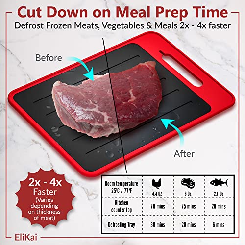 4-in-1 Defrosting Tray for Frozen Meat with Cutting Board, Knife Sharpener & Garlic Grater - Self Thawing Tray & Non-Slip Red Chopping Boards by EliKai